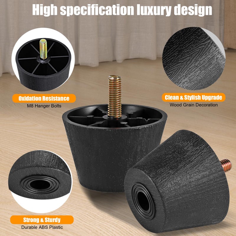 Manesi 6 inch Plastic Furniture Legs, Round Tapered Table Legs Black Sofa Legs Replacement Legs with M8 Hanger Bolts for Couch Table Sofa, Pack of 4 - Image 3